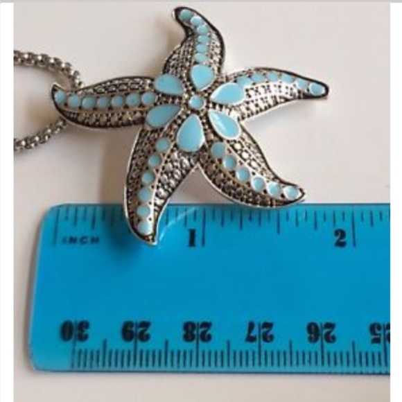Silver Blue Starfish Pendant Necklace 33" Statement Aqua Enamel ID Badge Holder - Picture 8 of 8